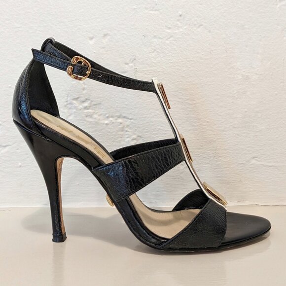 LAMB Lightning Bolt Black & Gold Metal Embellish T Strap Stiletto Sandals, 7/7.5 - Picture 12 of 16
